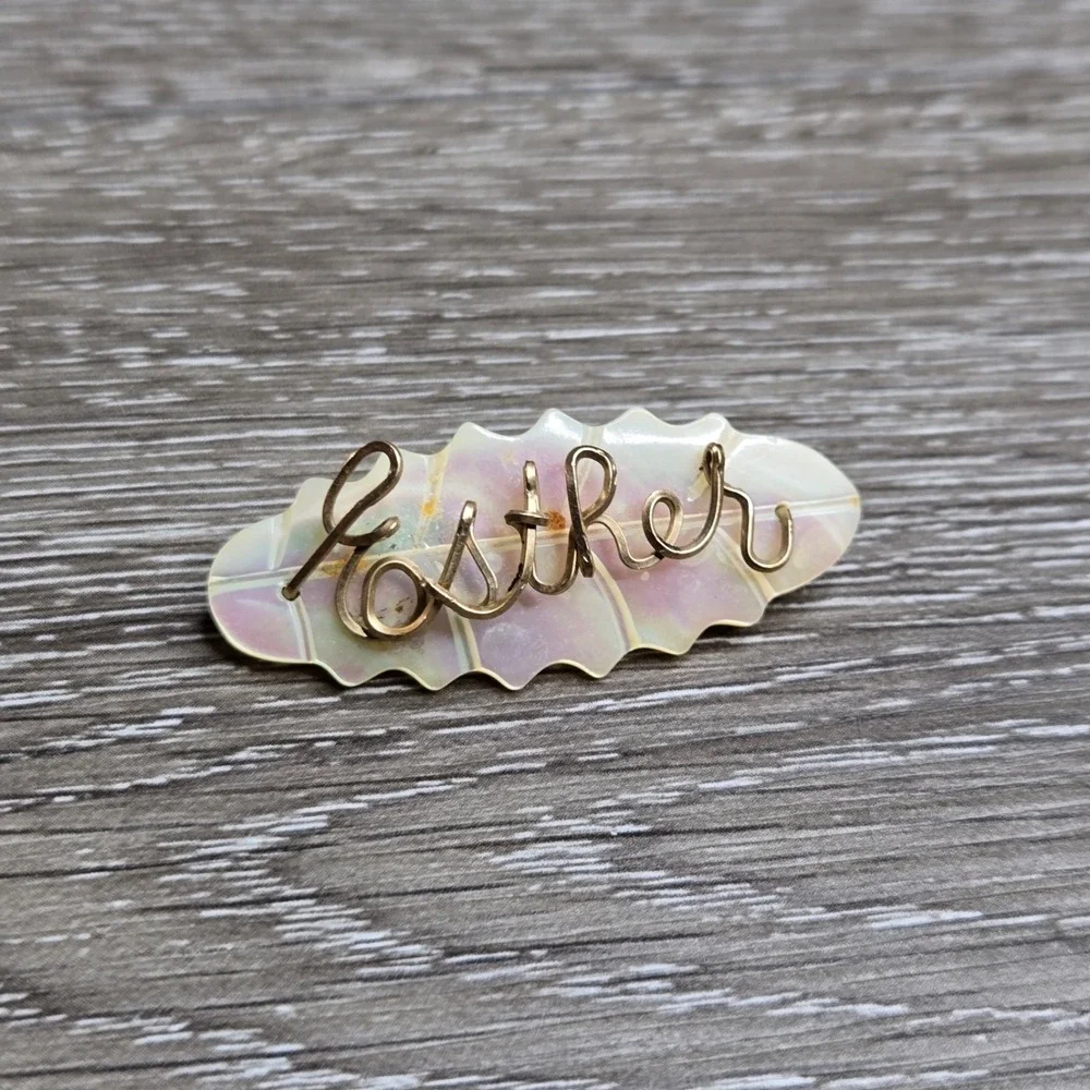 Vintage Mother of Pearl Shell Leaf Shaped Brooch Wire C-clasp Pin